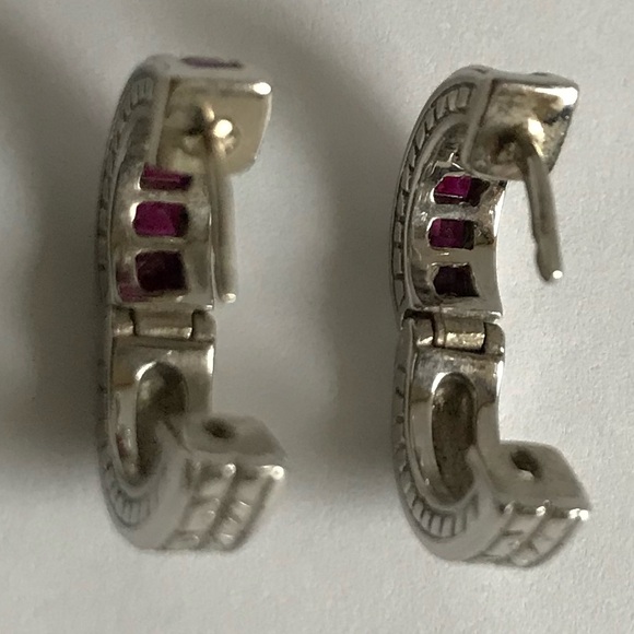 RUBY HOOP EARRINGS 14k White Gold Huggie Style Hoop Earrings July Birthstone - Picture 12 of 14